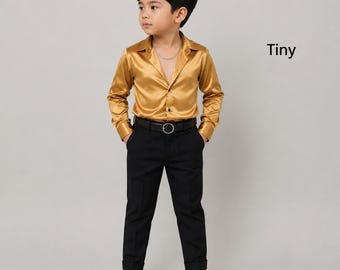 Camicia a maniche lunghe in raso dorato, elegante da ragazzo, per il paggetto.