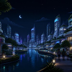 May include: A futuristic city at night featuring a central canal, illuminated skyscrapers, and lush greenery. A cafe sign reads LUNA CAFE, while other signs display GROW BUILD THRIVE and EARTH FIRST. People walk along the paths and sit on benches.