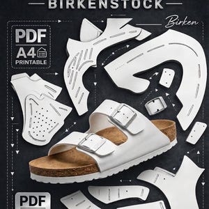 Könnte beinhalten: Grafik mit einer weißen Birkenstock-Sandale und Schnittmustern. Der Text "PATTERN BIRKENSTOCK" steht oben. Das Bild enthält Symbole für "PDF A4 Druckbar" und den Text "Sofort-Download". Die Sandale ist weiß mit einer Korksohle.