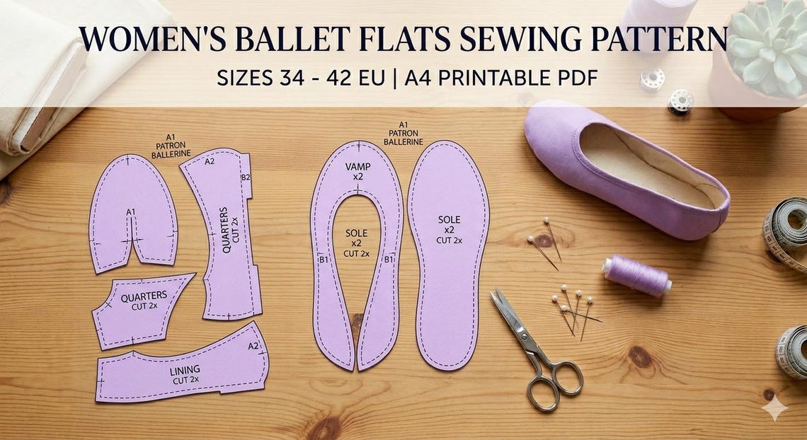 Women's Ballet Flats Sewing Pattern PDF – Sizes 34 to 42 EU – DIY Soft ...