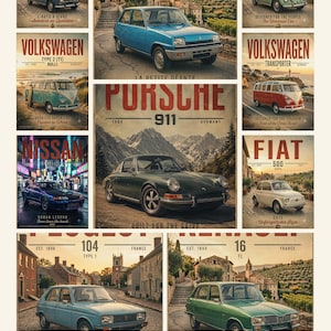 Peut inclure: Un collage d'affiches au style vintage présentant des automobiles classiques, dont une Renault 5 bleue, une Porsche 911 verte, une Volkswagen Beetle bleu clair, un Volkswagen Transporter rouge et blanc, une Nissan GT-R bleue et une Fiat 500 blanche.