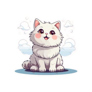 May include: A cartoon illustration of a fluffy white cat with pink cheeks and big brown eyes. The cat is sitting and smiling, with a small pink tongue visible. White clouds are in the background, and the cat is on a blue surface.