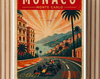 May include: A vintage poster for the Monaco Grand Prix, featuring a race car on a track. The poster has the text "MONACO - MONTE CARLO" at the top. The background shows buildings, palm trees, and a coastal scene. The year "2021" is also displayed.