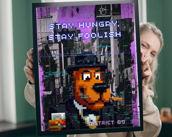 Stay Hungry Stay Foolish Poster – Cyberpunk Pixel Art Motivational Quote Print