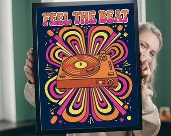 Retro Vinyl Record Player Poster | 70s Psychedelic Music Wall Art Print