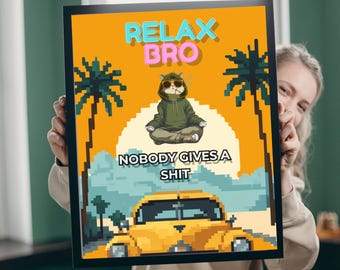 Relax Bro Poster – Pixel Art Cat, Retro Sunset Car Wall Art