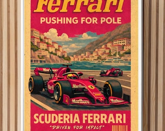 May include: A retro poster design showcasing a red Ferrari racing car on a track, with the text "2023 Ferrari Pushing for Pole." The poster includes the text "Scuderia Ferrari" and "Driven for Impact."