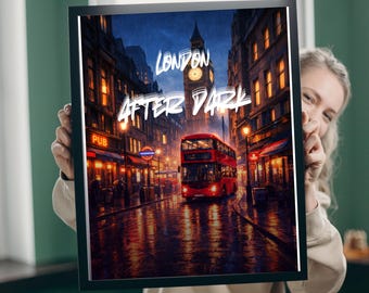 London After Dark Poster | Big Ben, Red Bus Night Scene Wall Art