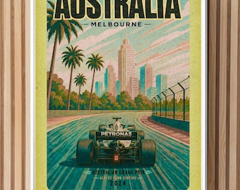 May include: A vintage-style poster of the Australian Grand Prix in Melbourne. The poster shows a Formula 1 car racing on a track, with the city skyline and palm trees in the background. The text "AUSTRALIA" and "MELBOURNE" are prominently displayed.