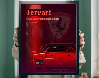 May include: A framed red Ferrari poster with the text "Ferrari Italian Performance Italia.exe". The poster features a pixelated image of a red Ferrari car and the Ferrari logo.