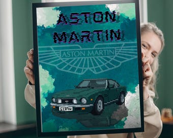 Aston Martin Pixel Art Poster, Vintage Green Classic Car Wall Art