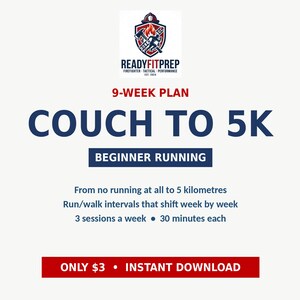 Può includere: Una guida all'allenamento digitale intitolata READYFITPREP 9-WEEK PLAN COUCH TO 5K BEGINNER RUNNING. Il testo descrive un programma di 5 chilometri con intervalli di corsa e camminata, 3 sessioni a settimana da 30 minuti. Logo dei vigili del fuoco.
