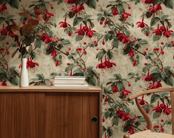 May include: Wallpaper featuring a repeating pattern of red fuchsia flowers and green leaves on a light beige background. A wooden cabinet, a vase with branches, and a wooden chair are in the foreground.