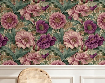 May include: Floral wallpaper featuring large, detailed peony blooms in shades of pink and purple, set against a muted green and beige background. The design includes green leaves and buds, creating a classic, vintage aesthetic. A wicker chair is in the foreground.