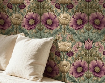 May include: A close-up of a floral wallpaper featuring large purple and cream-colored flowers with green leaves. Two off-white linen pillows rest on a bench in front of the wallpaper.