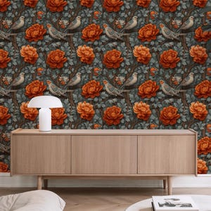 Russet Warbler | Orange Floral Wallpaper | Woodland