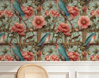 May include: Wallpaper featuring a repeating pattern of blue birds perched on brown branches amidst large, pink flowers and green foliage against a light blue background. The design includes a wooden trellis structure.