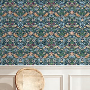 William Morris Strawberry Thief Blue | Blue Bird Pattern Wallpaper