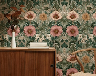 May include: A room scene featuring floral wallpaper with pink and yellow blooms against a green backdrop. A wooden cabinet with a white vase and books sits below the wallpaper. A wooden chair with a woven seat is also visible.