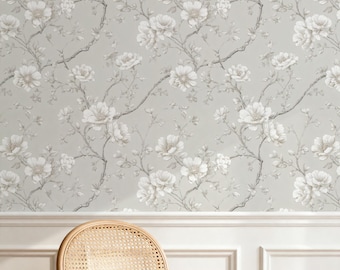 Papel de Parede Botânico Tranquilo em Tons de Cinza com Estampa Floral Esboçada