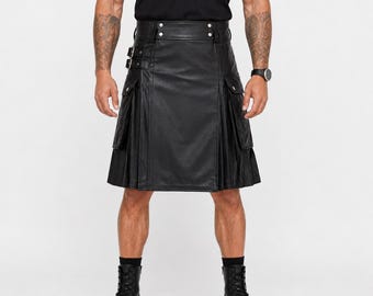 Black Leather Utility Kilt for Men, Handmade Gothic Biker Kilt, Tactical Cargo Pocket Scottish Kilt