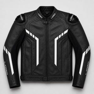 May include: Black leather motorcycle jacket with white accent stripes and the word "LOGO" in white on the shoulders and collar. The jacket has a zip-up front, a stand-up collar, and a perforated design on the chest.