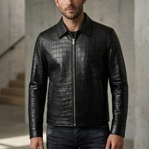 Black Crocodile Embossed Genuine Leather Jacket for Men | Handmade Luxury Biker Moto Jacket | Exotic Croc Pattern Coat | Gift for Him