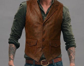 Chaleco de cuero marrón hecho a mano para hombre – Chaleco vaquero western vintage, chaleco de cuero genuino para motociclista, chaqueta clásica sin mangas, regalo para él.