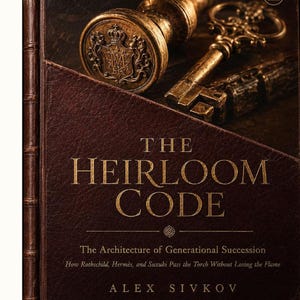 Puede incluir: Un libro encuadernado en cuero marrón oscuro titulado The Heirloom Code de Alex Sivkov. La portada presenta un sello de cera dorado con una corona y un escudo, una llave de latón ornamentada y el texto: The Architecture of Generational Succession, How Rothschild, Hermès, and Suzuki Pass the Torch Without Losing the Flame.