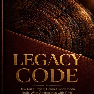 May include: A book cover titled LEGACY CODE with the subtitle How Rolls-Royce, Hermès, and Honda Build What Appreciates with Time by Alex Sivkov. The design features a dark brown leather texture and a circular wood grain pattern with MMXXVI and 400.