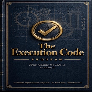 Könnte beinhalten: Ein dunkelblaues Buchcover mit dem Titel The Execution Code Program, einer goldenen Prägung mit einem Häkchen in einem Oval, Zahnradillustrationen und dem Untertitel From reading the code to running it von Alex Sivkov, NeuroNova LLC.