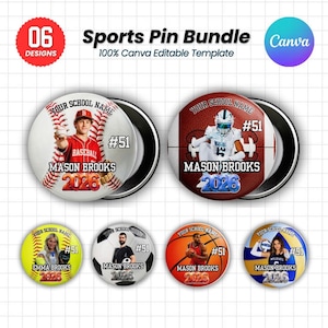 May include: A digital bundle of six circular sports pin designs featuring customizable text for school name, athlete name, number 51, and the year 2026. The designs include baseball, football, softball, soccer, basketball, and volleyball themes.