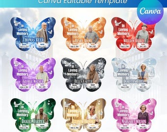 10 Memorial Butterfly Pin Canva Templates, In Loving Memory Pin Designs, Editable Remembrance Favor, Funeral & Celebration of Life Digital