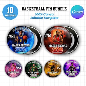Modello di spilla da basket, adesivo da basket modificabile su Canva, adesivi personalizzati con foto del giocatore, campagna di ritorno a casa, spilla