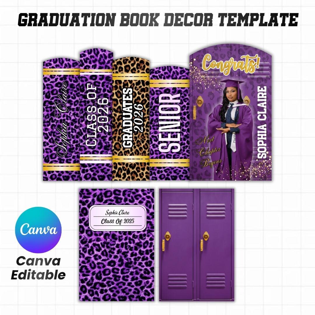 Purple Leopard Graduation Book Decor Template Canva Editable | Class of ...