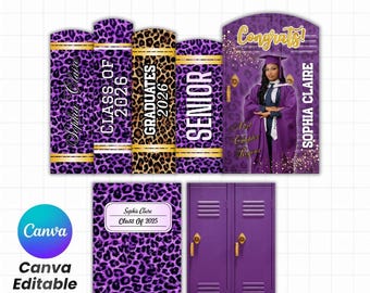 Purple Leopard Graduation Book Decor Template Canva Editable | Class of 2026 Senior Locker & Binder Cover | Custom Name Grad Photo Design