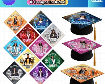 Graduation Cap Topper Template Bundle | 10 Designs Included | Canva Editable Grad Cap | Class of 2026 Senior Cap Decoration