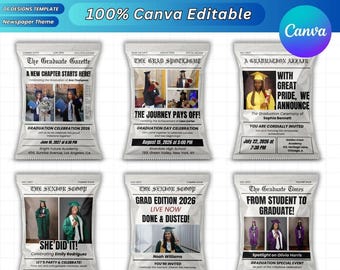 Graduation Newspaper Chip Bag Canva Editable Template, Grad Party Favor Chip Bag, Congrats Grad 2026 Design, Grad Newspaper Style Favors