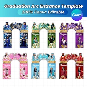 Op de afbeelding: Een sjabloon voor een afstudeerboogingang met de tekst "Graduation Arc Entrance Template" en "100% Canva Editable". De ontwerpen tonen afgestudeerden, de naam "Isabella" en het jaar "2026".