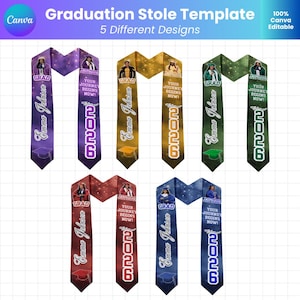Graduation Stole Template Bundle, 5 Editable Grad Stole Designs, Class of 2026 Custom Photo Sash, Senior Graduation Stole, EDITABLE