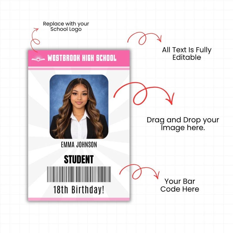 Editable Student ID Badge Template, Canva School ID Card, Pink Student ...