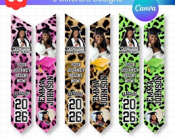 Graduation Stole Template Bundle | 5 Designs Canva Editable | Custom Photo Senior Stole Class of 2026 | Animal Print Grad Sash PNG