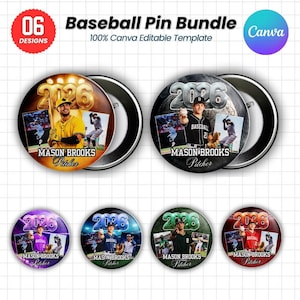 Baseball Pin Button Template Bundle, Canva Editable Baseball Sticker, Homecoming Campaign, Pin Button Designs, Custom Photo Player Stickers