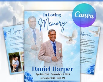 Funeral Program Template | Editable Canva Memorial Service Program | Celebration of Life Obituary Template | Printable Funeral Booklet
