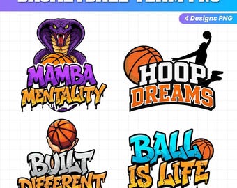 Basketball Team PNG Bundle, 4 Sports Designs, Mamba Mentality, Hoop Dreams, Ball Is Life, Built Different, Sublimation PNG