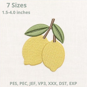 May include: An embroidery design of two yellow lemons with green leaves and brown stems. Text reads 7 Sizes 1.5-4.0 inches and PES, PEC, JEF, VP3, XXX, DST, EXP. The design features detailed stitching on a light fabric background.