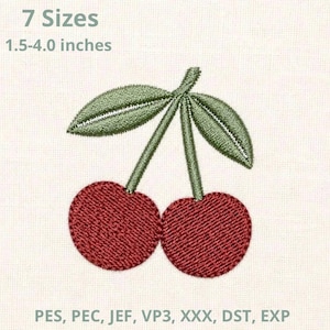 May include: An embroidery design of two red cherries with green stems and leaves. The text 7 Sizes 1.5-4.0 inches is visible at the top, and the text PES, PEC, JEF, VP3, XXX, DST, EXP is visible at the bottom on a light fabric background.