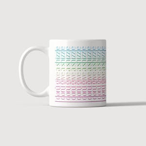 May include: A white ceramic mug featuring the repeated text "don't give a shizzle" printed in vertical columns. The text appears in multiple colors including blue, green, pink, and purple, arranged in a grid pattern across the side of the mug.
