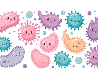 Cute Kawaii Gut Bacteria Microbiome Character Set Flat Vector Illustration — Health Science Cartoon Icons