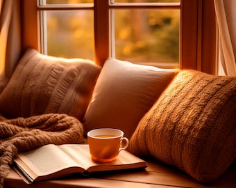 Cozy reading nook with warm lighting and a cup of tea